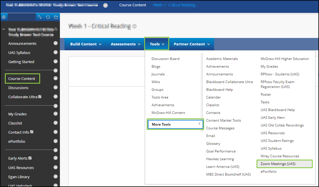 the options for adding a Zoom link in a content area